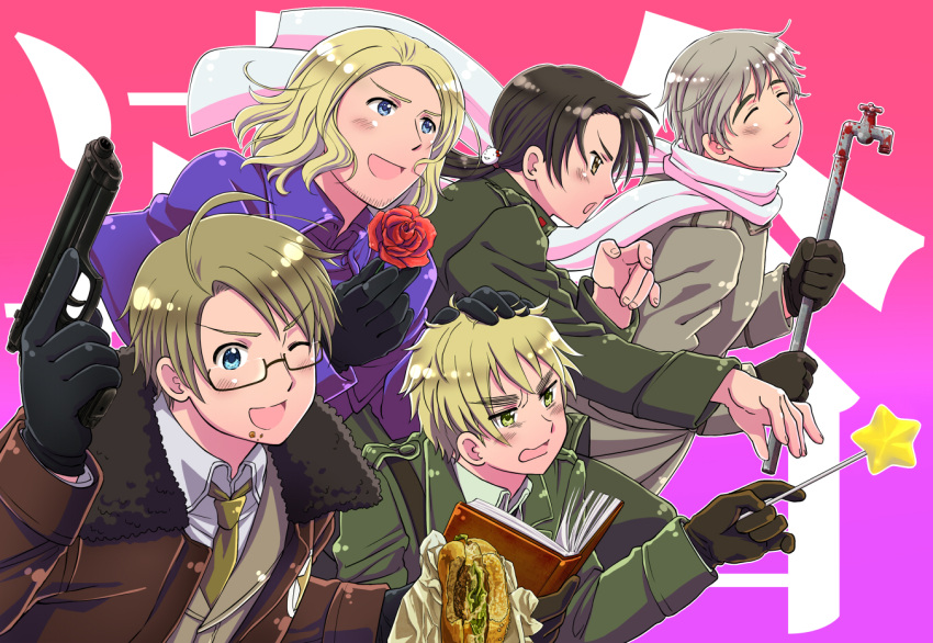 :d, ;d, ^_^, ahoge, america_(hetalia), annoyed, axis_powers_hetalia, blonde_hair, blood, blue_eyes, book, brown_eyes, brown_hair, china_(hetalia), closed_eyes, coat, eyebrows, eyes_closed, faucet, flower, food, france_(hetalia), glasses, gloves, green_eyes, grey_hair, gun, hair_ornament, hamburger, hand_on_head, handgun, happy, jacket, lead_pipe, male, military, military_uniform, multiple_boys, necktie, open_mouth, pistol, ponytail, rose, russia_(hetalia), scarf, smile, star, uniform, united_kingdom_(hetalia), wand, weapon, wink, yunicoco_(coco-demmy)