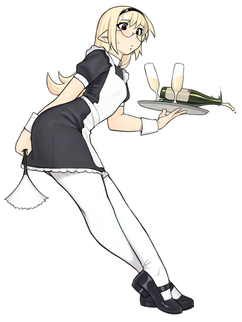 1girl, absurdres, alcohol, alternate_costume, apron, black_dress, black_hairband, black_shoes
