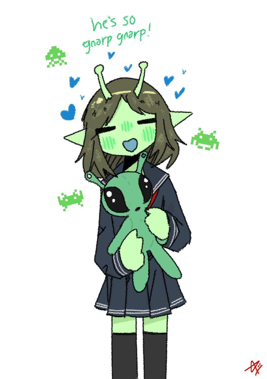 1girl, absurdres, alien, antennae, ashenov, black_thighhighs, blush, brown_hair