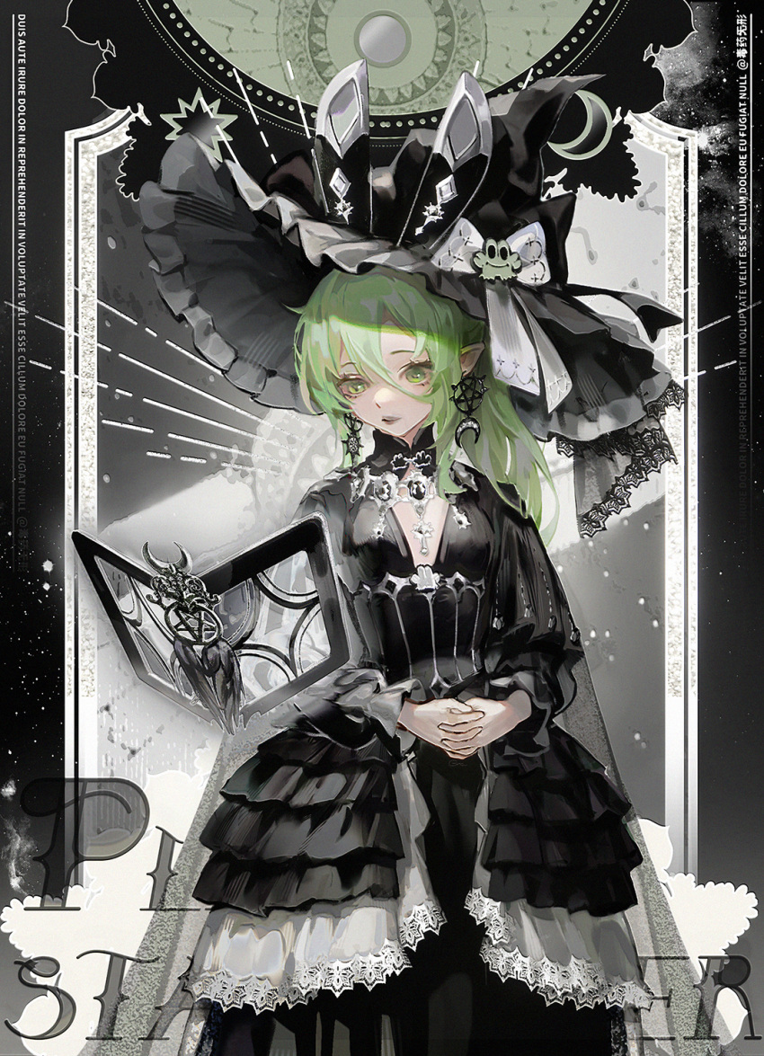 1girl, animal_ear_headwear, animal_ears, black_border, black_cape, black_capelet, black_dress, book