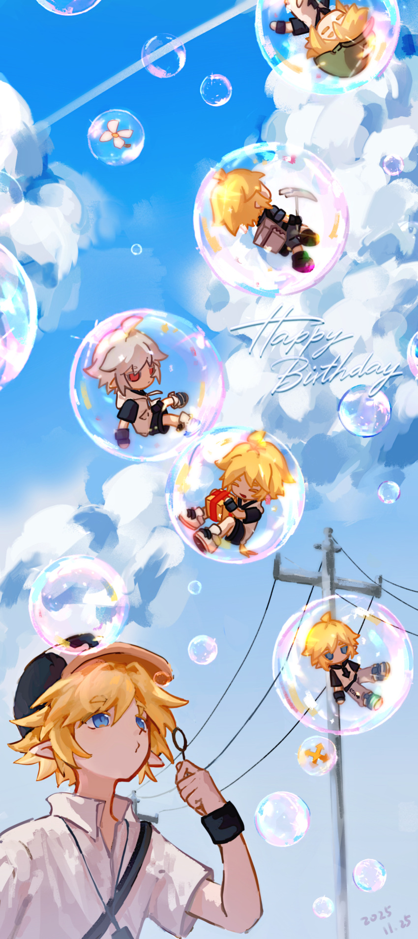 6+boys, absurdres, ahoge, aotu_world, baseball_cap, black_hat, black_shorts, blonde_hair