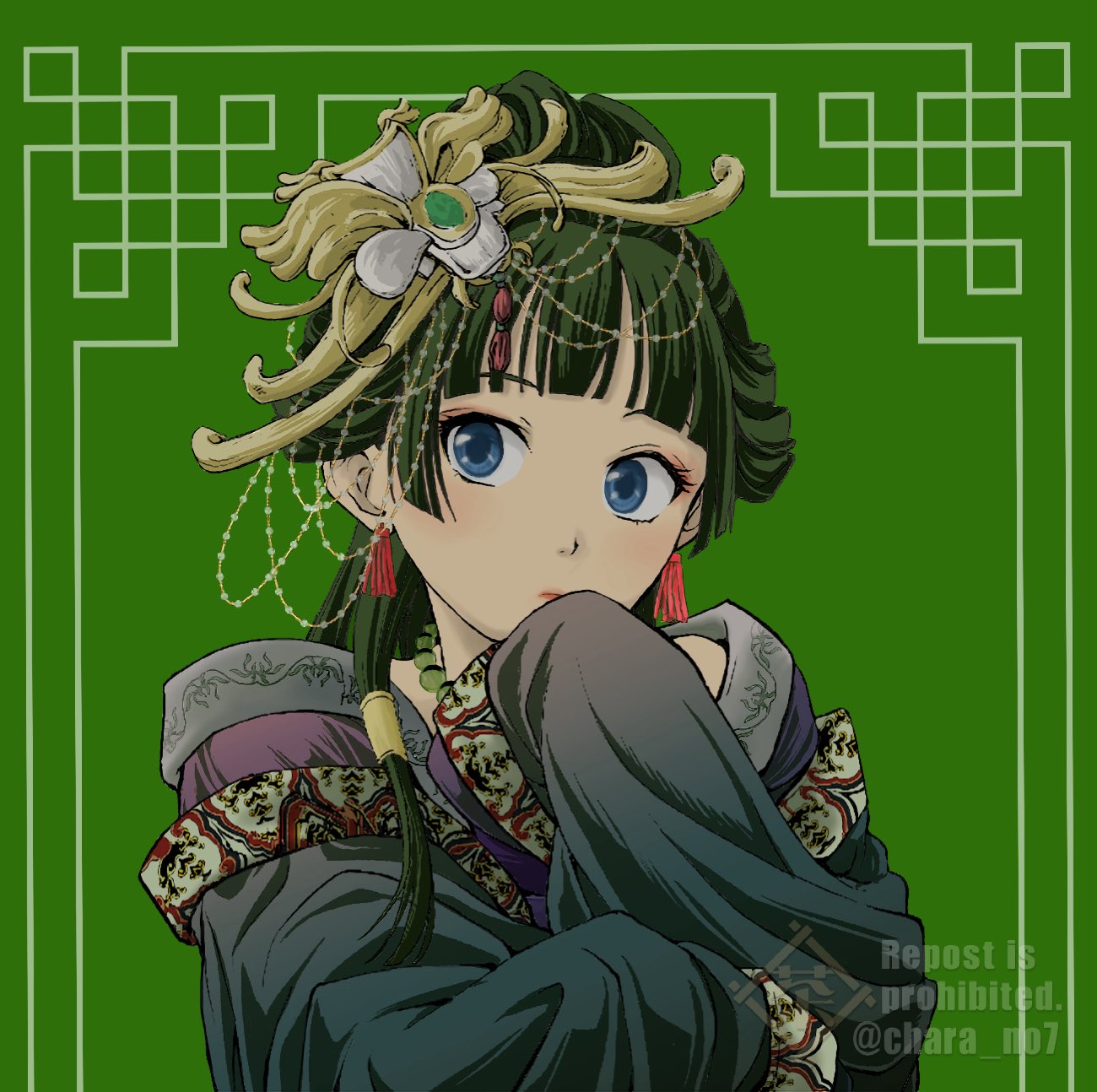1girl, black_dress, blue_eyes, blunt_bangs, chara_no7, chinese_clothes, crossed_arms, dress