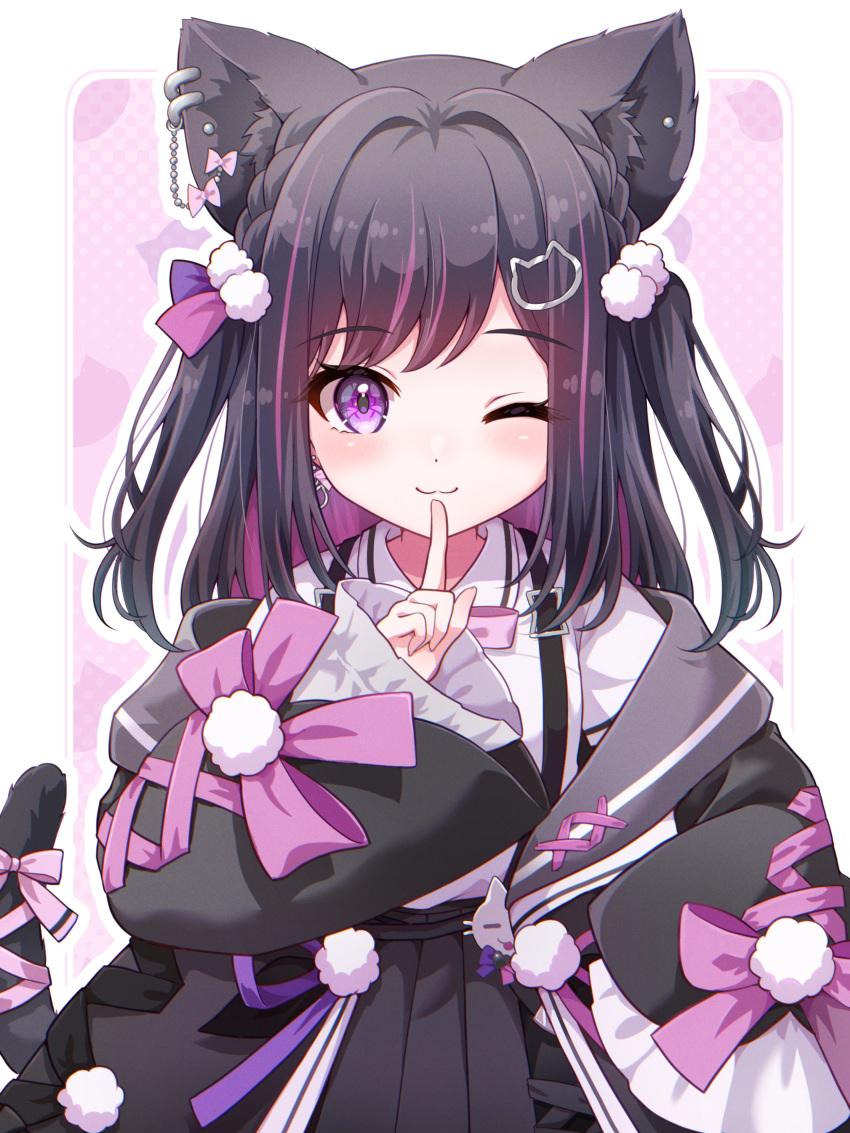 1girl, ;3, absurdres, animal_ear_piercing, animal_ears, artist_request, bell_sleeves, black_hair