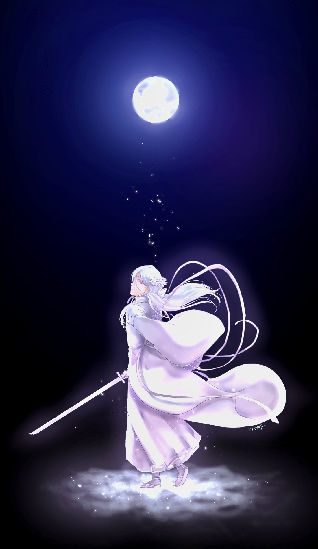 1046sstep_btoh, 1girl, bleach, bleach:_sennen_kessen-hen, commentary_request, from_side, full_body, full_moon, hakka_no_togame_(bankai), highres, holding, holding_sword, holding_weapon, kuchiki_rukia, long_hair, looking_at_viewer, moon, signature, solo, sword, violet_eyes, weapon, white_hair