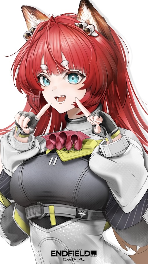 1girl, akekuri_(arknights), animal_ears, arknights, arknights:_endfield, black_gloves, blue_eyes, breasts