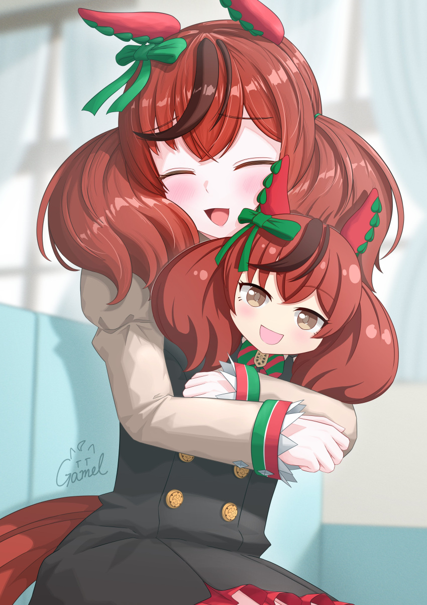 1girl, absurdres, animal_ears, blush, bow, breasts, brown_eyes, brown_hair, ear_bow, ear_covers, ear_ribbon, gamel_120, green_bow, highres, horse_ears, horse_girl, horse_tail, long_sleeves, medium_hair, multicolored_hair, nice_nature_(poinsettia_ribbon)_(umamusume), nice_nature_(umamusume), open_mouth, shirt, skirt, smile, solo, streaked_hair, stuffed_toy, tail, twintails, umamusume