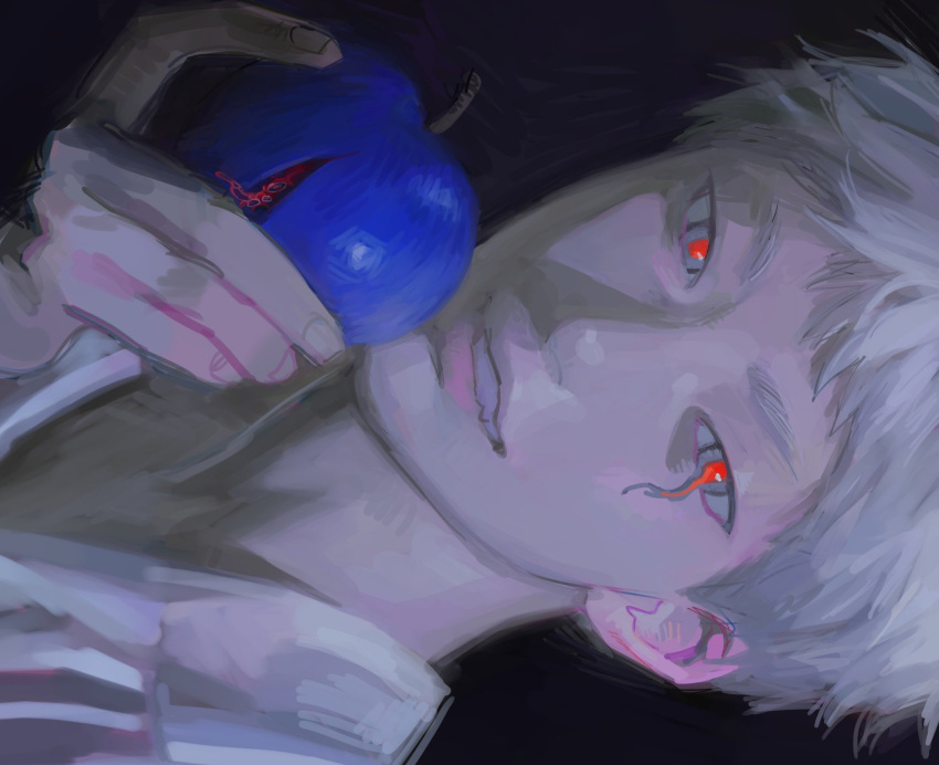 1boy, 6_teh, blue_apple, collared_shirt, food, fruit, highres, hikaru_ga_shinda_natsu