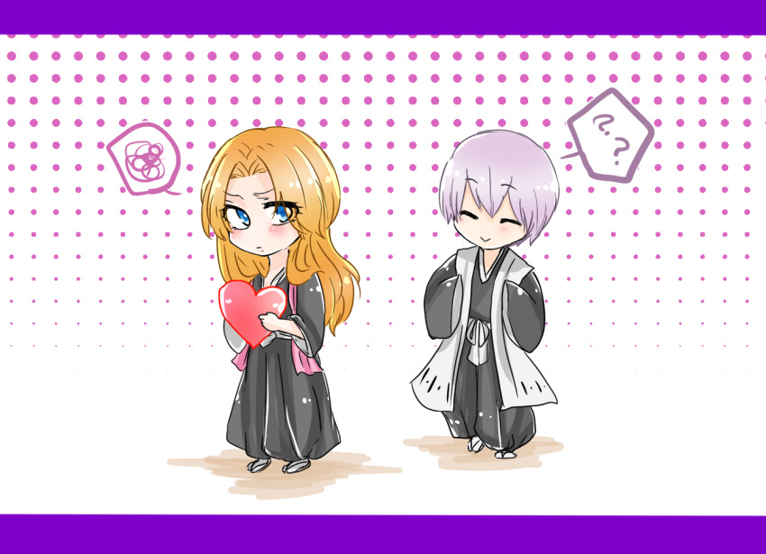 1046sstep_btoh, 1boy, 1girl, :>, ?, black_hakama, bleach, blue_eyes