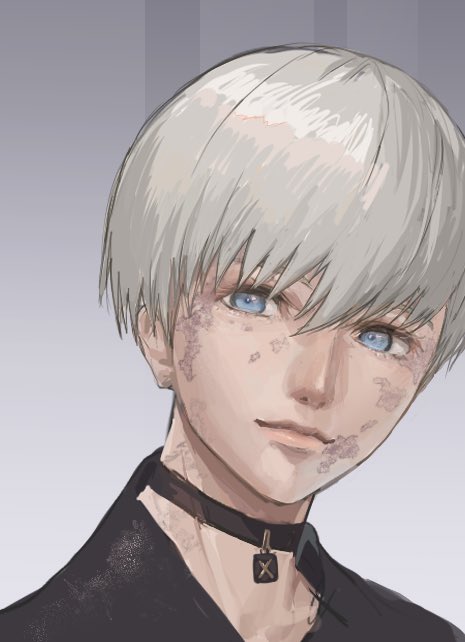 1boy, 9s_(nier:automata), black_choker, black_jacket, blue_eyes, choker, closed_mouth, dirty