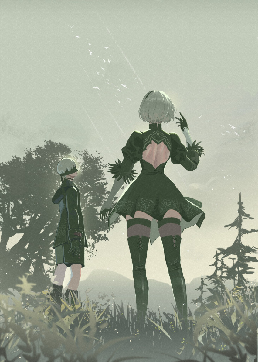 1boy, 1girl, 2b_(nier:automata), 9s_(nier:automata), back_cutout, black_boots, black_dress, black_gloves