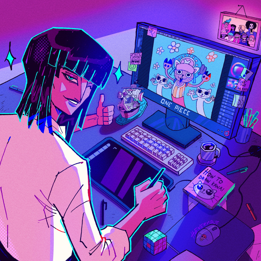 1girl, absurdres, afro, black_hair, blonde_hair, blue_eyes, blunt_bangs, brook_(one_piece)