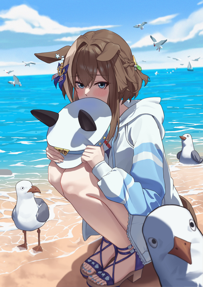 1girl, absurdres, beach, bird, blue_nails, blurry, blurry_background, blush, brown_hair, cheval_grand_(umamusume), highres, holding, hood, hoodie, looking_at_viewer, ocean, outdoors, seagull, short_hair, shy, solo, squatting, tuomali, umamusume