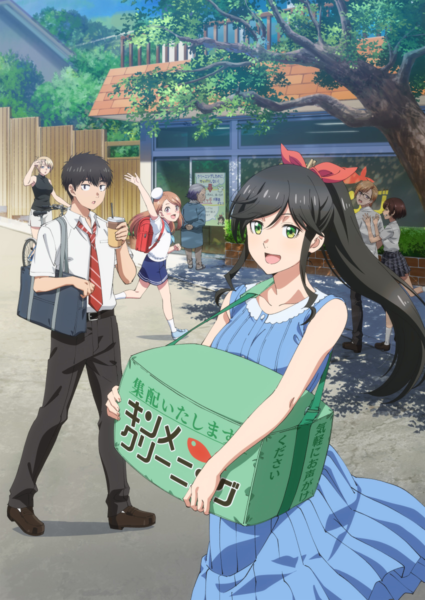 2boys, 5girls, :d, absurdres, backpack, bag, bicycle, black_hair