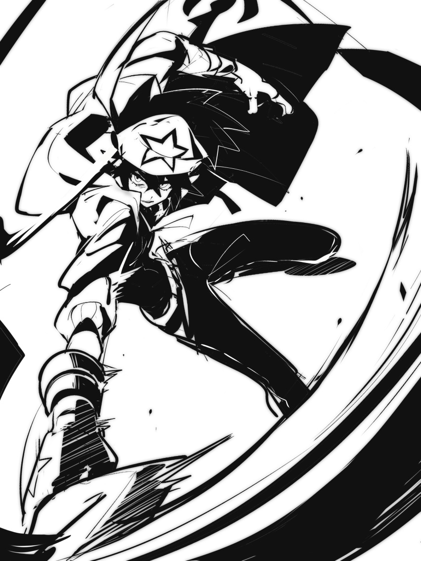 1boy, aotu_world, bandana, chinese_commentary, fighting_stance, foreshortening, gloves, greyscale, hammer, headband, high_contrast, highres, holding, holding_hammer, holding_weapon, hood, hood_down, hooded_jacket, jacket, jumping, looking_at_viewer, mai_nanhai_de_xiao_zongcai, male_focus, monochrome, pants, parted_lips, pointy_ears, print_headband, ray_(aotu_world), shirt, simple_background, smile, solo, star_(symbol), star_print, weapon, white_background