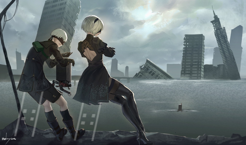 1boy, 1girl, 2b_(nier:automata), 9s_(nier:automata), artist_name, back_cutout, black_boots, black_dress, black_gloves, black_hairband, black_jacket, black_shorts, black_socks, black_thighhighs, black_visor, blindfold, boots, clothing_cutout, clouds, cloudy_sky, crossed_ankles, crossed_arms, dress, feather_trim, from_behind, full_body, gloves, grey_hair, hairband, highres, jacket, juliet_sleeves, long_sleeves, looking_at_another, nekoyana, nier:automata, nier_(series), pod_(nier:automata), puffy_sleeves, robot, ruins, short_hair, shorts, side_slit, sitting, sky, socks, thigh-highs, turtleneck, turtleneck_dress