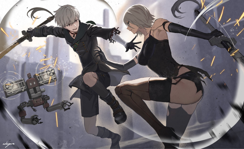 1boy, 1girl, 9s_(nier:automata), a2_(nier:automata), artist_name, battle, black_boots, black_choker