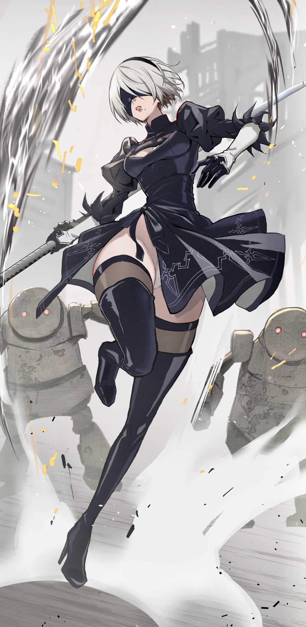 1girl, 2b_(nier:automata), black_boots, black_dress, black_gloves, black_hairband, black_thighhighs, black_visor