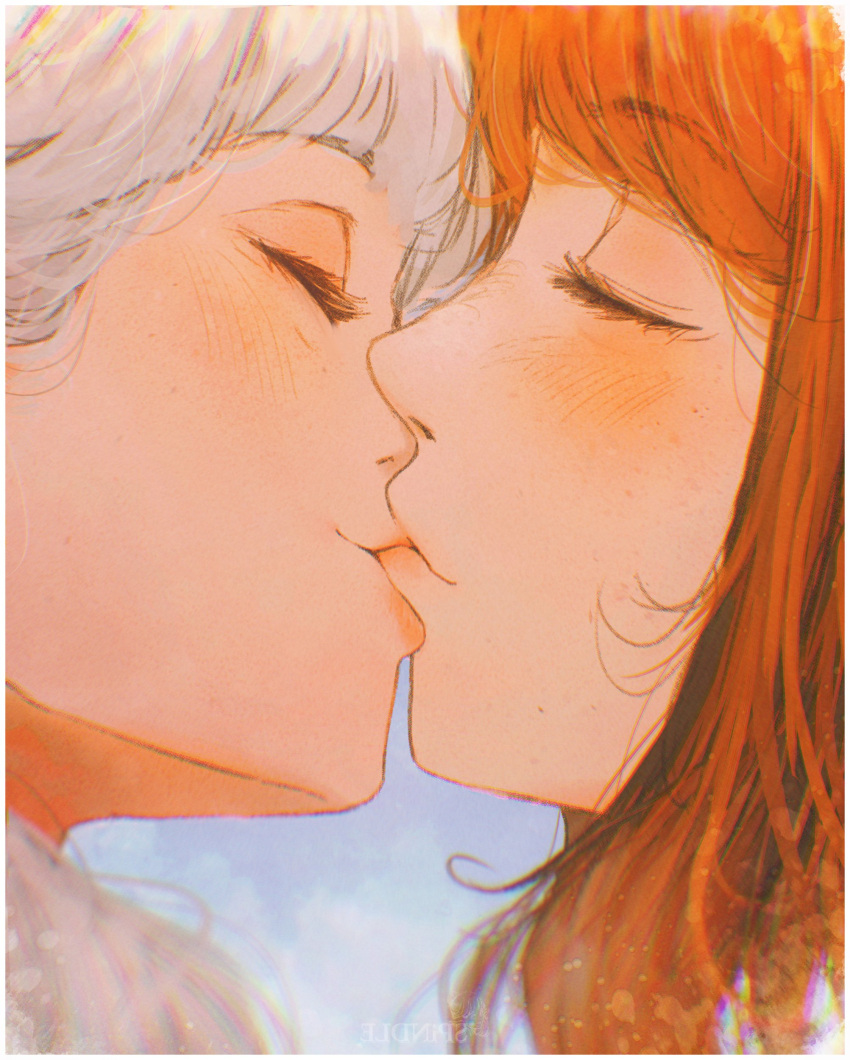 2girls, absurdres, artist_name, asimov_(spindle_(aidenr0)), biting, biting_another's_lip, blue_background, blush, brown_hair, close-up, closed_eyes, commentary, couple, english_commentary, eyelashes, from_side, highres, kiss, light_particles, loose_hair_strand, mirrored_text, multiple_girls, original, ottilie_(spindle_(aidenr0)), spindle_(aidenr0), white_hair, yuri