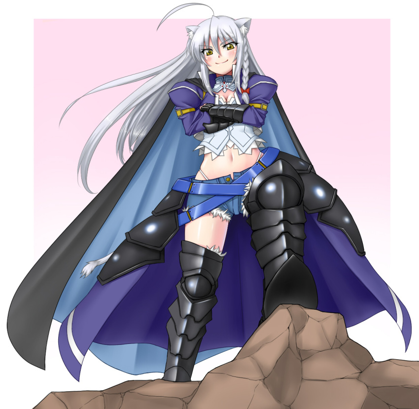 animal_ears, armor, blush, braid, breasts, cape, cat_ears, cat_tail, cleavage, crossed_arms, dog_days, highres, leonmitchelli_galette_des_rois, long_hair, midriff, navel, petag2, rock, shorts, silver_hair, smile, solo, tail, thighhighs, yellow_eyes