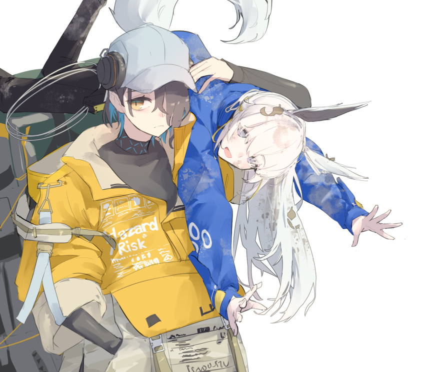 2girls, animal_ears, arknights, arm_up, asbestos_(arknights), baseball_cap, black_pants, blue_jacket