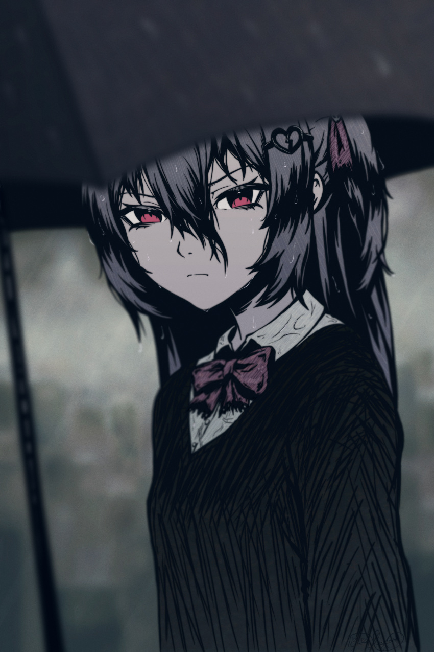 1girl, absurdres, black_cardigan, black_hair, black_umbrella, bow, bowtie, broken_heart