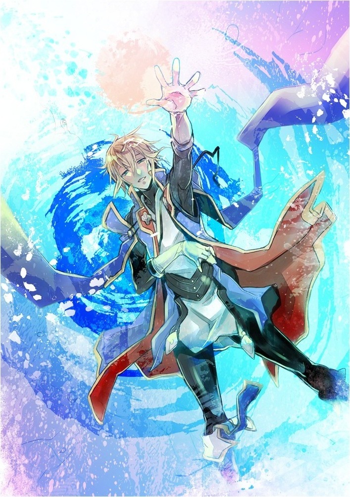 blazblue, blonde_hair, coat, gloves, green_eyes, jin_kisaragi, kisaragi_jin, male, reaching_out, short_hair, smile, solo, sume, sumeragi_(sume), sumeshi_(ambivalince), uniform