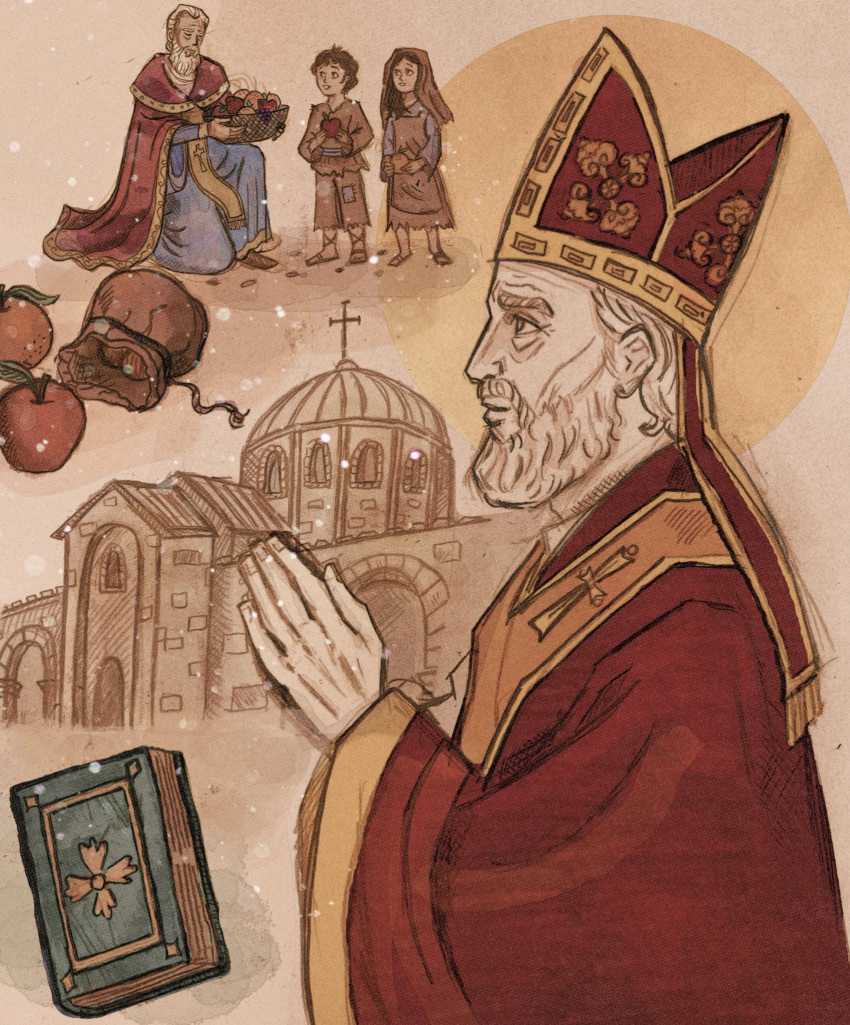 1girl, 2boys, apple, bag, basket, beard, blue_robe, book, christian_mythology, church, facial_hair, food, fruit, hat, highres, looking_up, luxangelae, mitre, multiple_boys, nicholas_of_myra, old, old_man, own_hands_together, praying, priest, red_robe, robe, smile