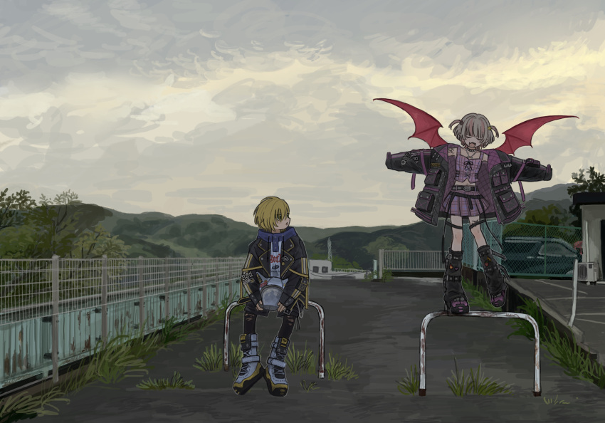 1boy, 1girl, absurdres, black_jacket, blonde_hair, brown_hair, clouds, cloudy_sky