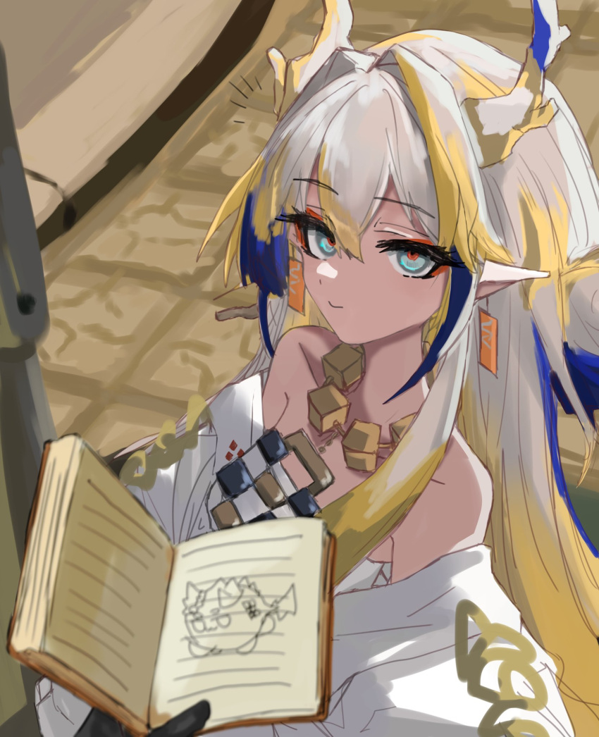 1girl, arknights, bare_shoulders, blonde_hair, blue_eyes, closed_mouth, commentary_request, dragon_bubble_(arknights)