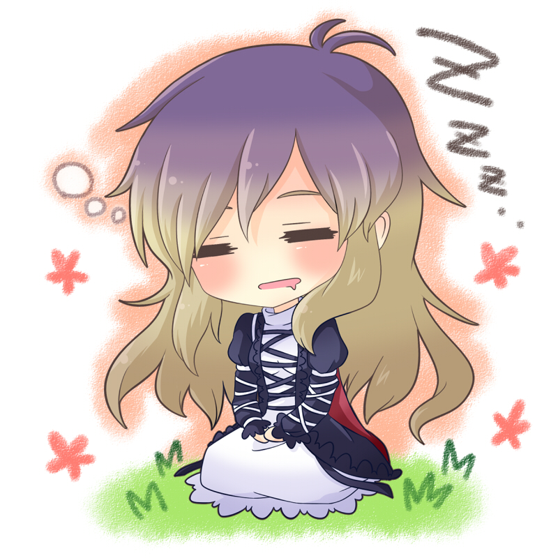 =_=, bad_id, blonde_hair, blush, chibi, closed_eyes, dress, eyes_closed