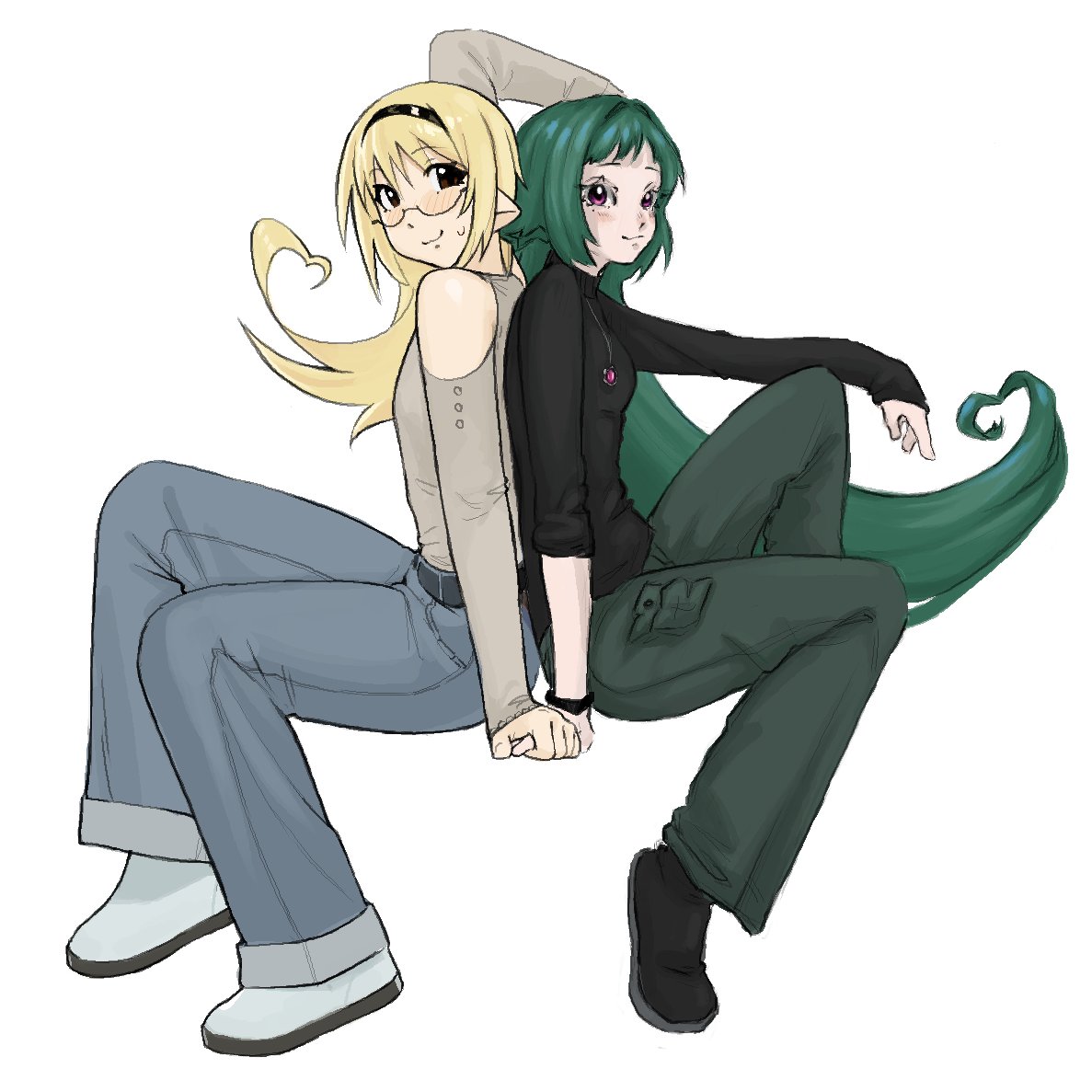 2girls, arm_up, artist_collaboration, bare_shoulders, black-framed_eyewear, black_hairband, black_sweater, blonde_hair