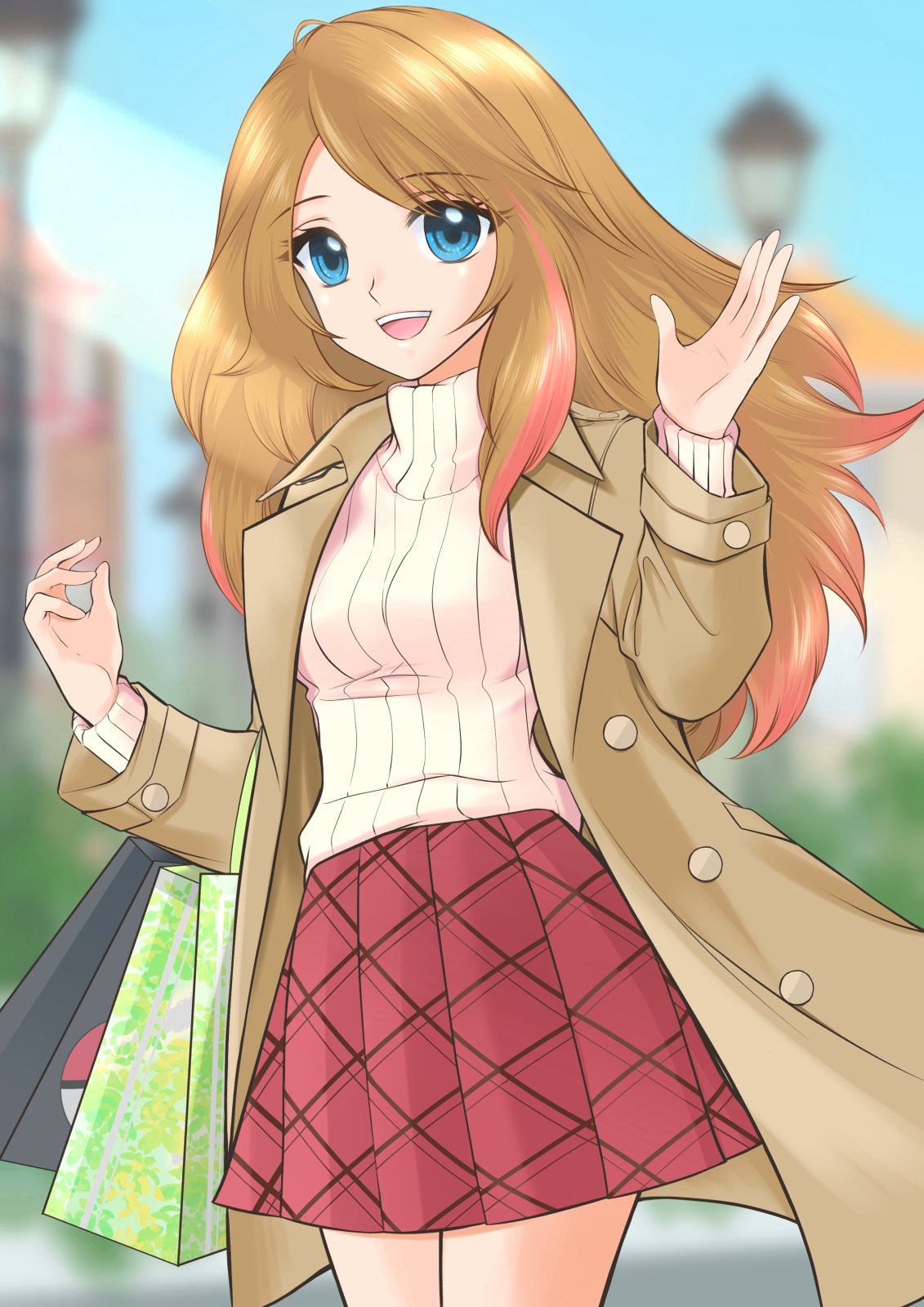 1girl, :d, bag, blue_eyes, blurry, blurry_background, brown_coat, brown_hair