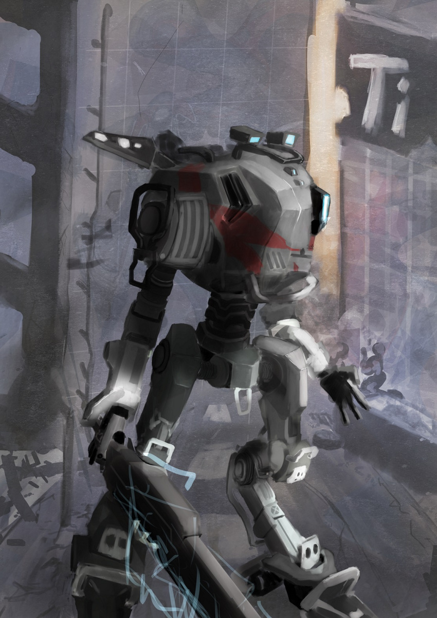 broadsword_(titanfall_2), electricity, highres, humanoid_robot, mecha, one-eyed, reverse-jointed_legs, road