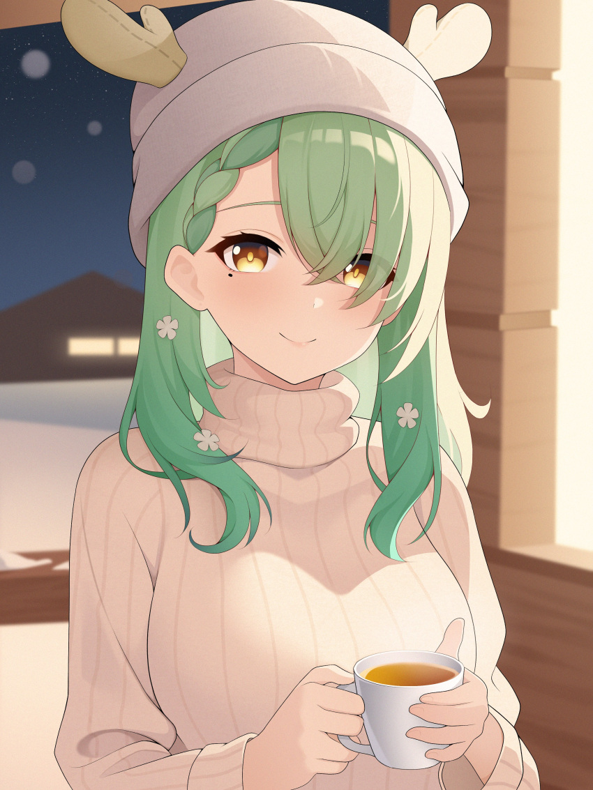 1girl, absurdres, alternate_costume, beanie, braid, breasts, ceres_fauna, closed_mouth, commentary, crossed_bangs, cup, drey525, english_commentary, fake_antlers, flower, green_hair, grey_hat, hair_between_eyes, hair_flower, hair_ornament, hat, highres, holding, holding_cup, hololive, hololive_english, large_breasts, long_hair, long_sleeves, looking_at_viewer, mole, mole_under_eye, night, parted_bangs, ribbed_sweater, smile, solo, sweater, tea, teacup, upper_body, virtual_youtuber, white_sweater, yellow_eyes