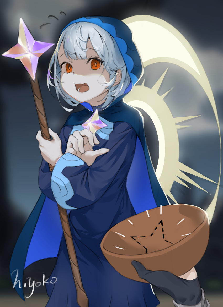 2girls, absurdres, artist_name, black_gloves, blessing_of_the_welkin_moon, blue_cloak, blue_dress, blunt_bangs, blurry, blurry_background, bowl, cloak, commentary_request, crescent, dress, female_pov, flying_sweatdrops, friends, genshin_impact, gloves, grey_hair, hair_between_eyes, hand_up, heayoko, highres, holding, holding_bowl, holding_staff, hood, hood_up, hooded_cloak, long_sleeves, looking_at_viewer, looking_to_the_side, lumine_(genshin_impact), moon, multiple_girls, open_mouth, outdoors, pov, pov_hands, primogem, red_eyes, scared, shade, shaded_face, short_hair, solo_focus, staff, standing, sun, upper_body, wide_sleeves