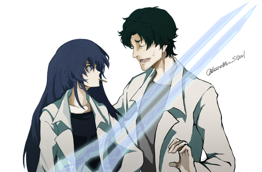 1boy, 1girl, aged_up, aoi_sena, beard_stubble, black_hair, black_shirt, chaos;head