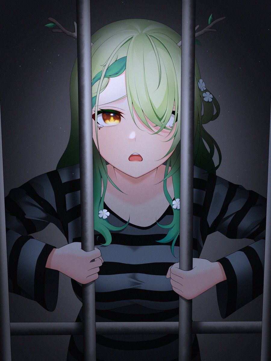 1girl, alternate_costume, antlers, braid, breasts, ceres_fauna, commentary, cowboy_shot, drey525, english_commentary, flower, green_hair, grey_background, grey_shirt, hair_flower, hair_ornament, hair_over_one_eye, highres, hololive, hololive_english, horns, iron_bars, large_breasts, long_hair, long_sleeves, looking_at_viewer, mole, mole_under_eye, one_eye_covered, open_mouth, parted_bangs, prison, prison_cell, prison_clothes, prisoner, raised_inner_eyebrows, sad, shirt, sidelocks, solo, striped_clothes, striped_shirt, tearing_up, virtual_youtuber, yellow_eyes
