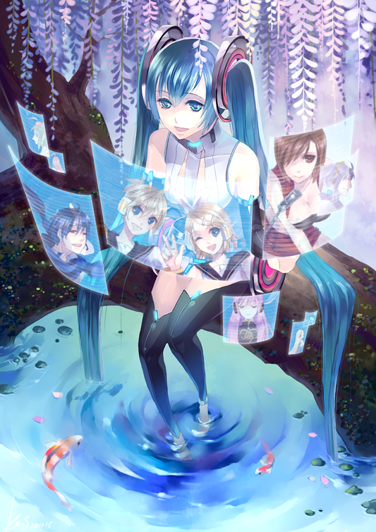 blue_eyes, blue_hair, feet_in_water, fish, gumi, hatsune_miku, hatsune_miku_(append), headphones, hologram, holographic_monitor, kagamine_len, kagamine_rin, kai_(pixiv93444), kaito, kamui_gakupo, lily_(vocaloid), long_hair, megurine_luka, meiko, miki, miku_append, sf-a2_miki, soaking_feet, thigh-highs, thighhighs, twintails, very_long_hair, vocaloid, vocaloid_append, water