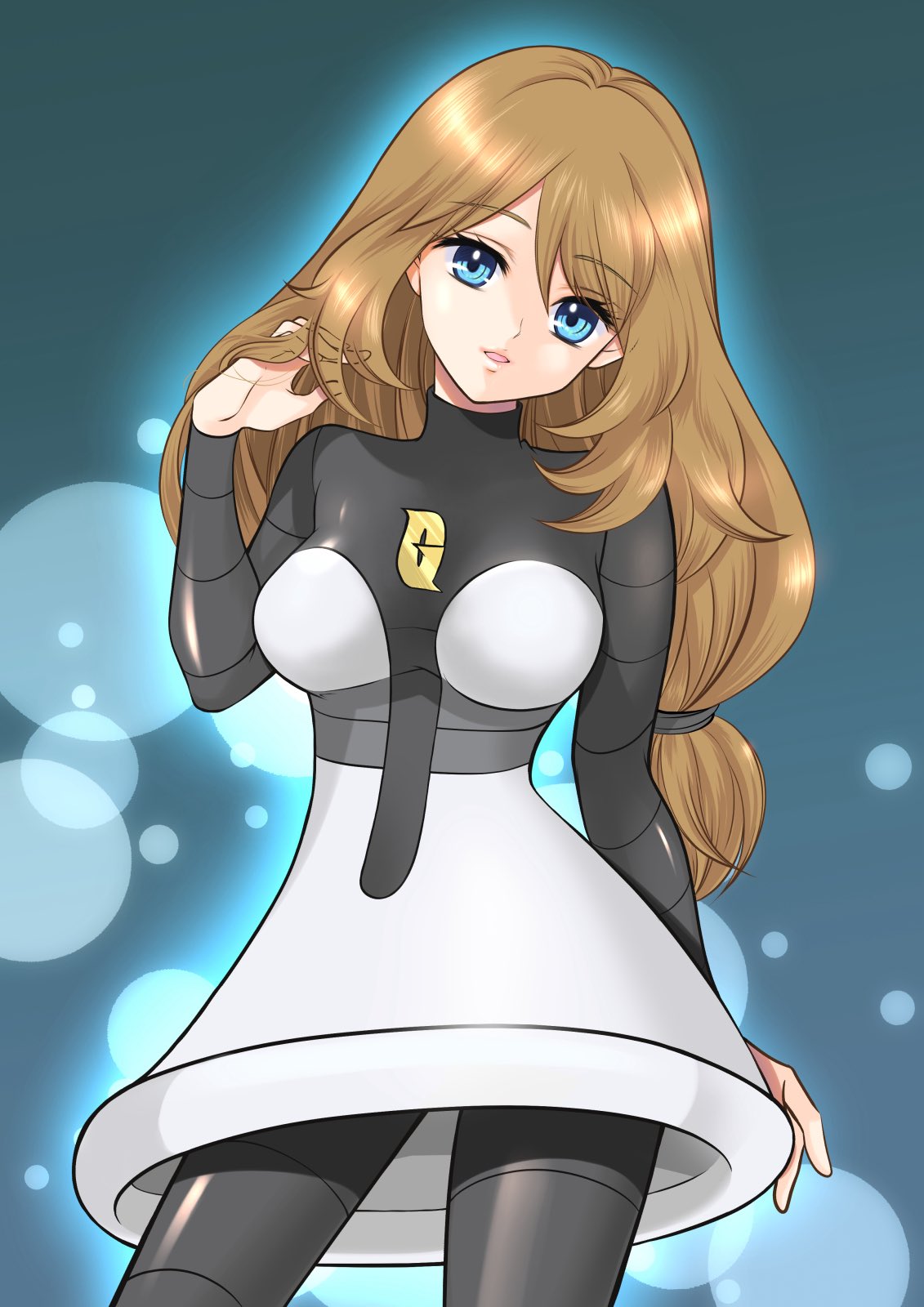 1girl, blonde_hair, blue_eyes, breasts, commentary_request, commission, cosplay, dress, highres, logo, long_hair, long_sleeves, looking_at_viewer, mars_(pokemon), mars_(pokemon)_(cosplay), maskmaya1, open_mouth, pokemon, pokemon_dppt, pokemon_xy, serena_(pokemon), skirt, smile, solo, team_galactic, team_galactic_uniform, thigh-highs