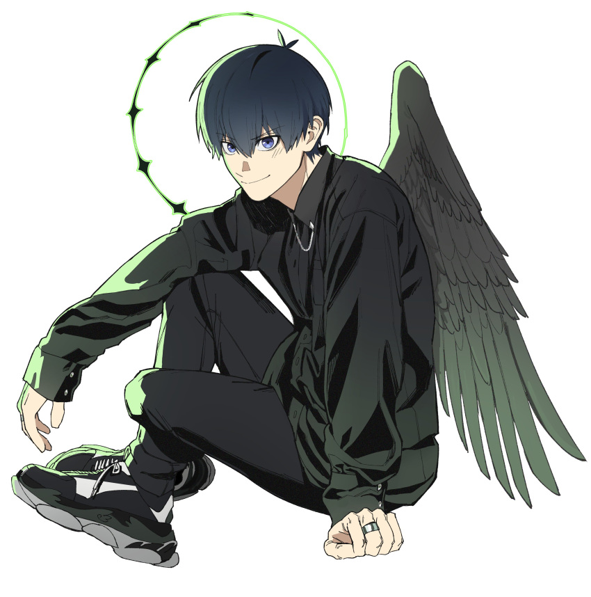 1boy, absurdres, alternate_costume, black_hair, black_pants, black_wings, blue_eyes, blue_lock