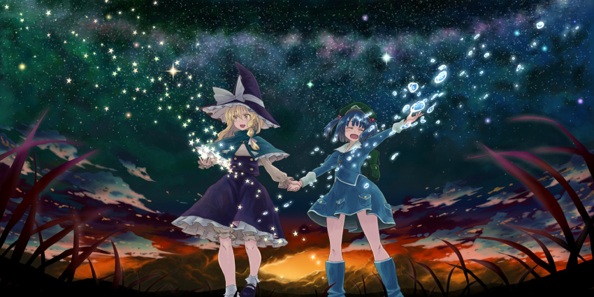 :d, backpack, bag, blonde_hair, bloomers, blue_dress, blue_hair, blush