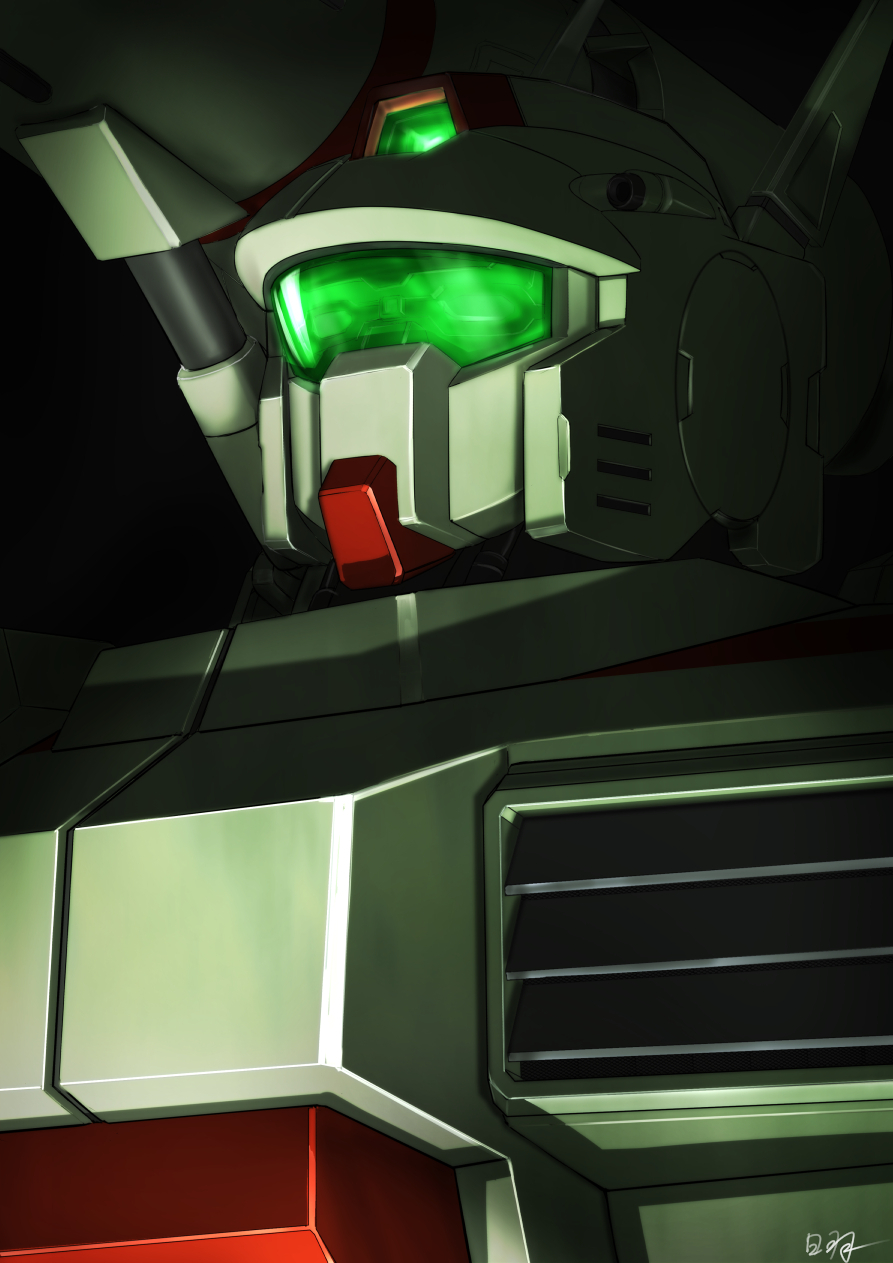 assault_visor, commentary, earth_federation, f71_g-cannon, glowing, green_visor, gundam, gundam_f91