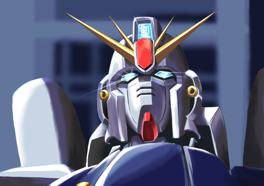 absurdres, blue_eyes, blurry, blurry_background, building, commentary_request, f91_gundam, glowing
