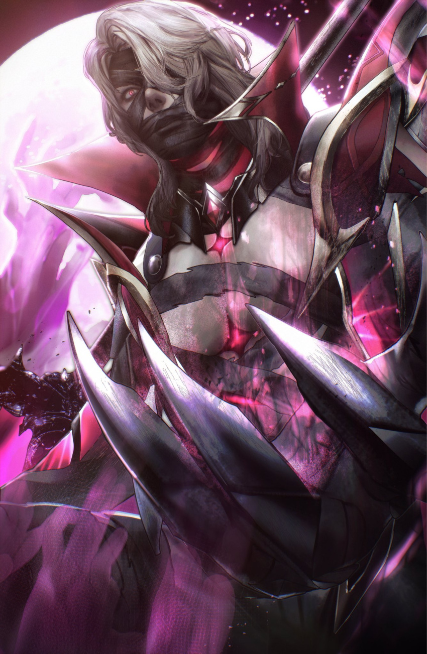 1boy, armor, bandage_on_face, bandages, clawed_gauntlets, colored_skin, commentary_request, denpyu_shi