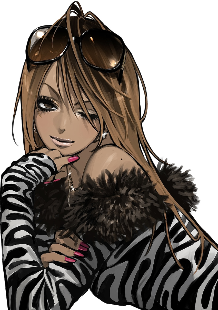 1girl, absurdres, animal_print, brown_eyes, brown_hair, closed_mouth, dark-skinned_female, dark_skin