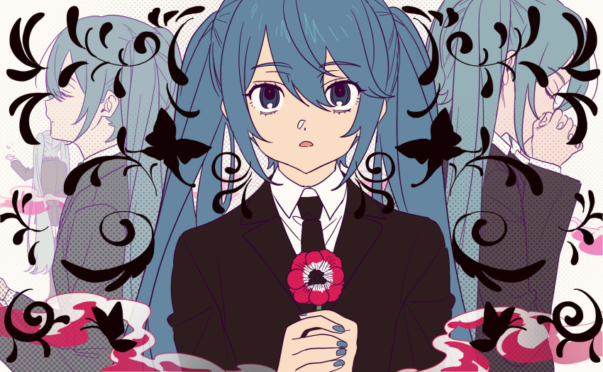 1girl, anemone_(flower), aqua_eyes, aqua_hair, black_jacket, black_necktie, blue_eyes, blue_hair