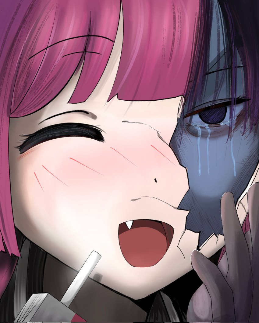 1girl, blush, bocchi_the_rock!, broken_mask, close-up, crack, cracked_kawaii_mask, cracked_mask, cracked_skin, crying, crying_with_eyes_open, dot_nose, drink_carton, drinking_straw, dual_persona, empty_eyes, fang, hand_on_own_face, highres, hiroi_kikuri, kingu_(whalekingu), mask, mismatched_eyes, nose_blush, one_eye_closed, open_mouth, purple_hair, revealing_layer, shaded_face, sharp_teeth, split_theme, tears, teeth