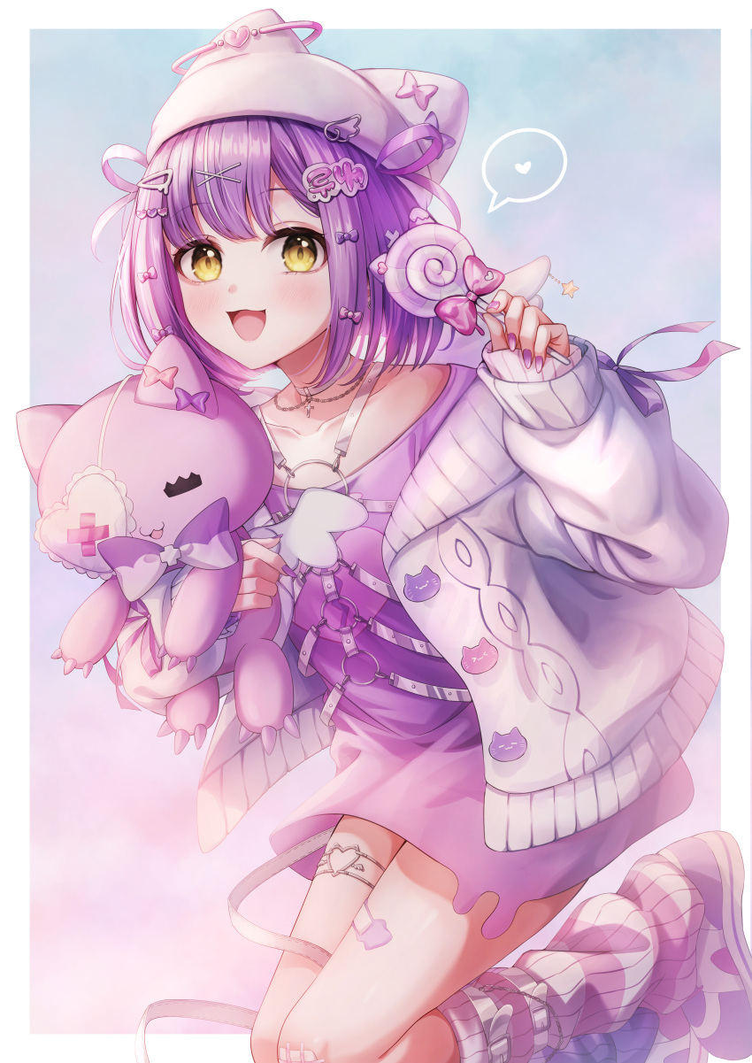 1girl, :3, absurdres, animal_ear_headwear, bandaid, beanie, border, bow, candy, cardigan, chest_harness, choker, collarbone, food, gauze_on_knee, hair_bow, hair_ornament, hair_rings, hairpin, harness, hat, heart, heart_o-ring, highres, holding, holding_candy, holding_food, holding_lollipop, holding_stuffed_toy, leg_warmers, lollipop, looking_at_viewer, medium_hair, o-ring, open_mouth, outside_border, parted_bangs, pink_hair, pink_nails, pink_shirt, sasamisable, shinomiya_runa, shinomiya_runa_(4th_costume), shirt, shoes, sleeves_past_wrists, sneakers, solo, stuffed_toy, thigh_strap, too_many_hair_ornaments, virtual_youtuber, vspo!, white_border, white_cardigan, white_choker, x_hair_ornament, yellow_eyes