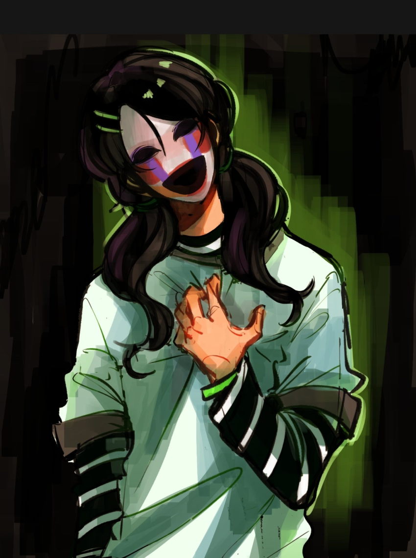 1girl, black_hair, black_shirt, blush_stickers, bracelet, charlotte_emily, clutching_chest, commentary