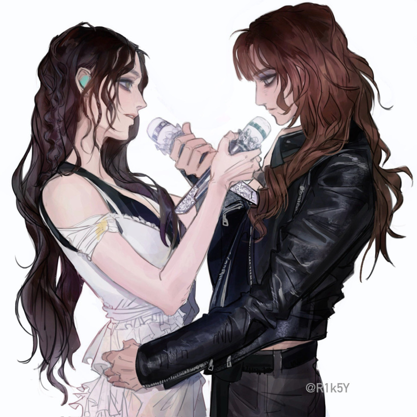 2girls, artist_name, black_jacket, black_pants, brown_hair, cho_mi-yeon, dress, eyeshadow, hand_on_another's_hip, highres, holding, holding_microphone, i-dle, jacket, k-pop, leather, leather_jacket, long_hair, long_sleeves, makeup, microphone, minnie_nicha_yontararak, multiple_girls, pants, r1k5y, real_life, white_dress